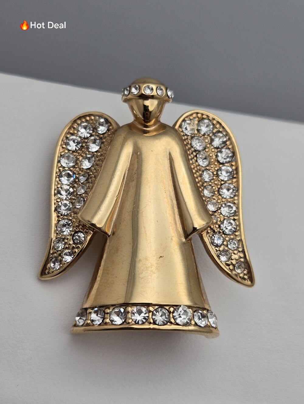 Monet Guardian Angel Brooch Gold Tone Rhinestone Pavé Wings Pin 1.5" Vintage